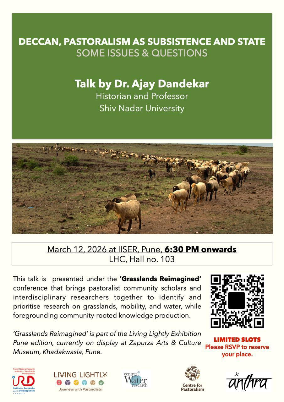 Flyer with talk details and photo of sheep against a green background