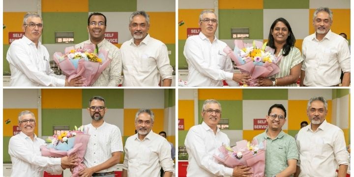 A collage of photos showing each of the new faculty members being welcomed with a flower bouquet by Prof. Bhagwat along with Dean Faculty Prof. Srivatsan 