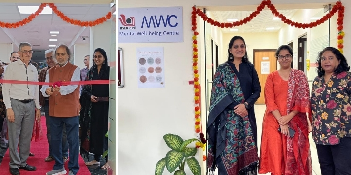 Photo on left shows ribbon cutting by dignitaries, on the right is a photo taken in front of a corridor with name board of the centre and three members posing 