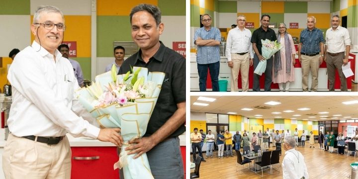 A collage of photos shows a flower bouquet being given by Prof. Bhagwat to Prof. Pucadyil, a group photo with dignitaries and a photo with a view of the attendees 
