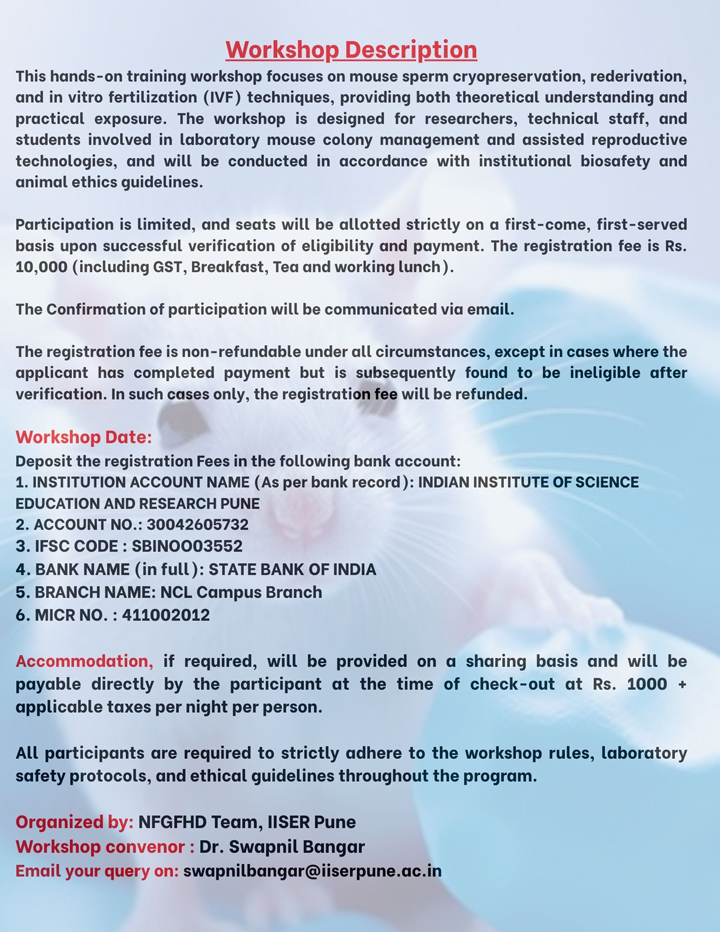 Flyer of Workshop on IVF and Embryology Techniques in Laboratory Mice