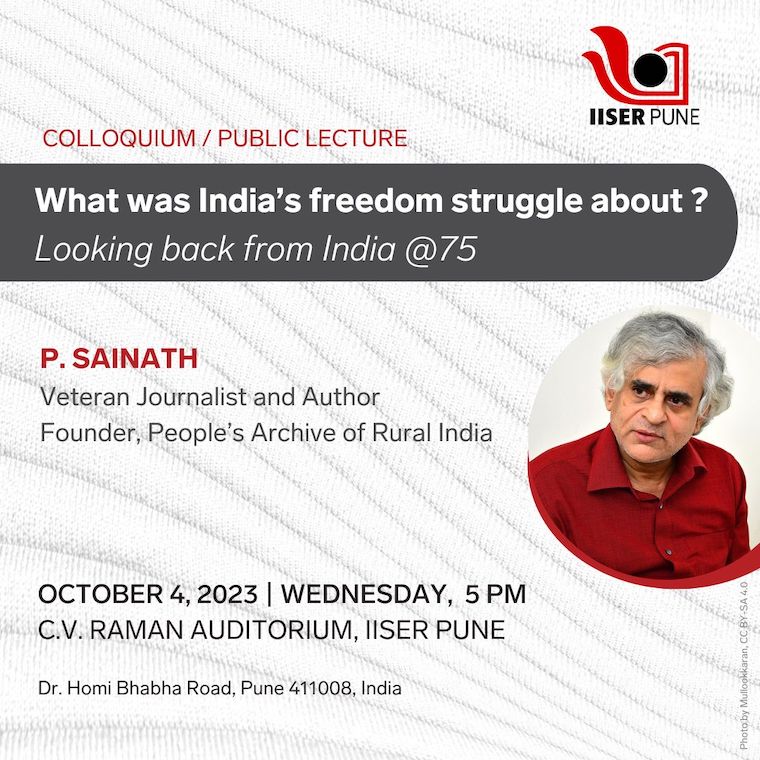 Announcement of Public Lecture with photo of P. Sainath and title and venue of the talk