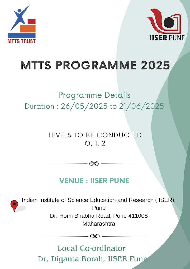 flyer shows logos of MTTS Trust and IISER Pune along with sparse text showing the dates and venue of the programme.