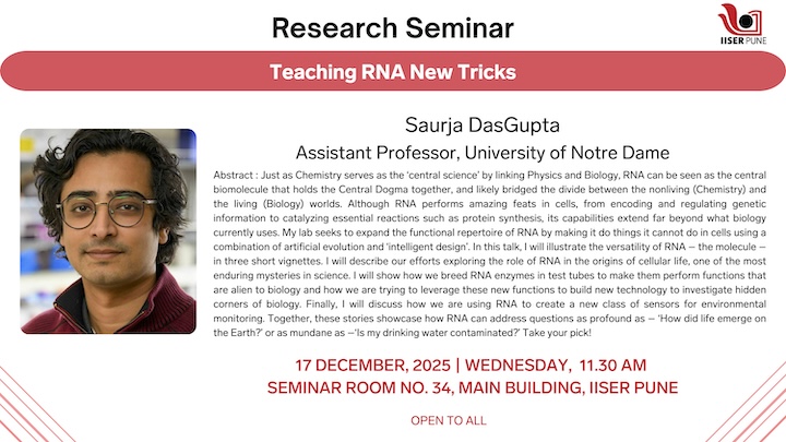 Talk announcement with photo of Dr. Saurja DasGupta