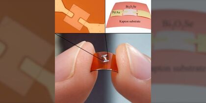 Image has 3 panels. Top panels show a schematic and the bottom panel shows about a 2 cm long curved sheet (device) held between two fingers 