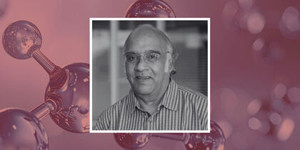 Photo of Prof. Sivaram against a representative image of a chemical molecule